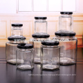 empty glass hexagon jar all size with black metal lids cheap jars